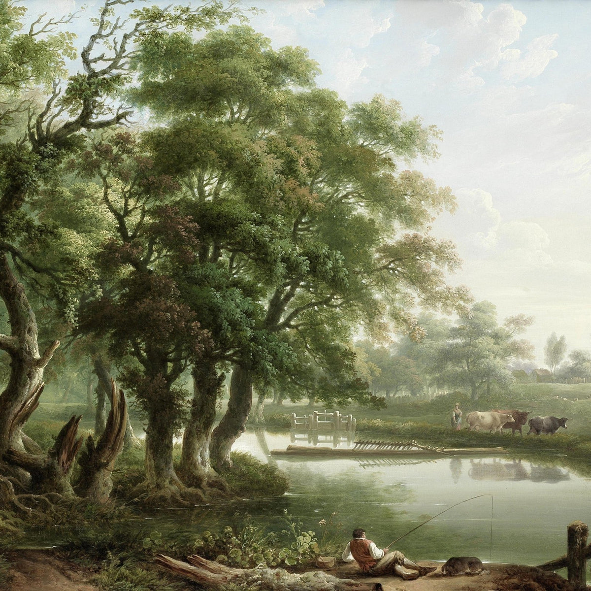 Landscape Oil Painting - Countryside - themed & oak trees fisherman - Oil Painting Haven