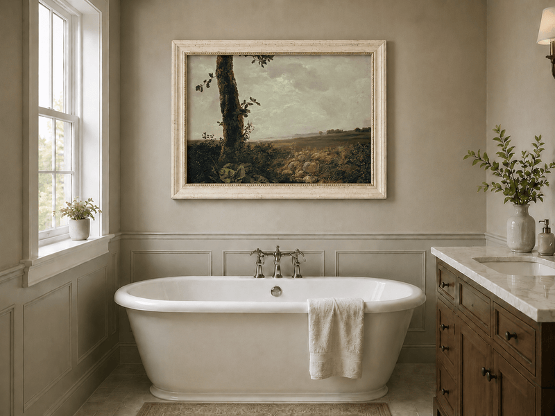 Rolling countryside landscape oil painting presented as interior home decor.