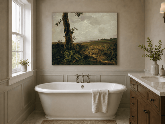 Countryside scene with tree and rolling hills landscape oil painting presented as styled home decor.