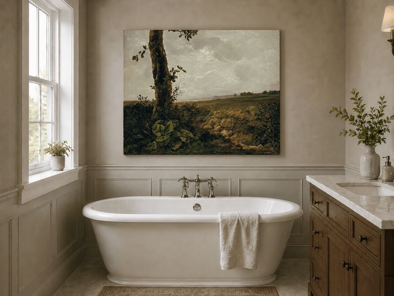 Countryside scene with tree and rolling hills landscape oil painting presented as styled home decor.