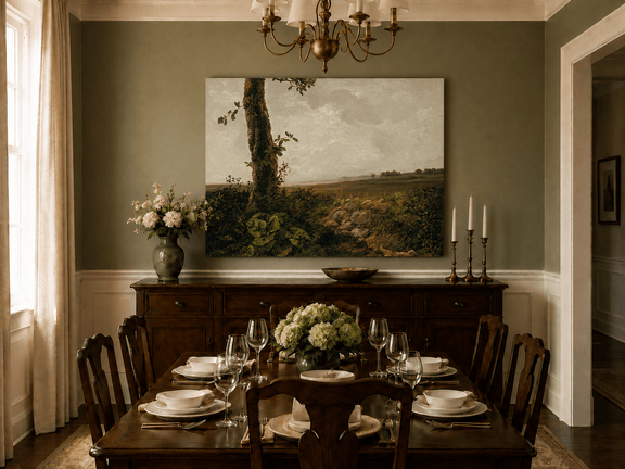 Hand-painted countryside hills and tree landscape artwork in an interior display.