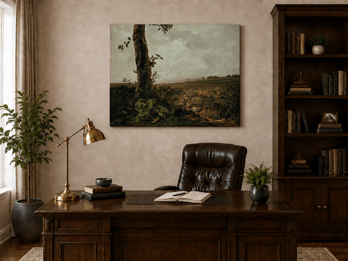 Interior wall art view featuring a countryside tree and rolling hills oil painting.