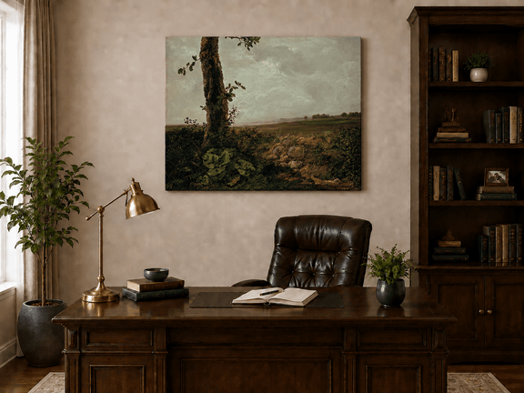 Interior wall art view featuring a countryside tree and rolling hills oil painting.