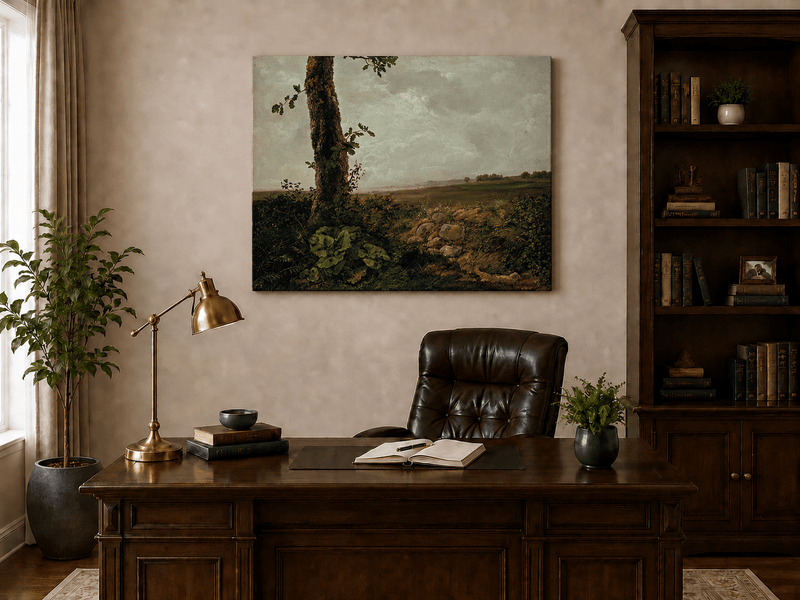 Interior wall art view featuring a countryside tree and rolling hills oil painting.