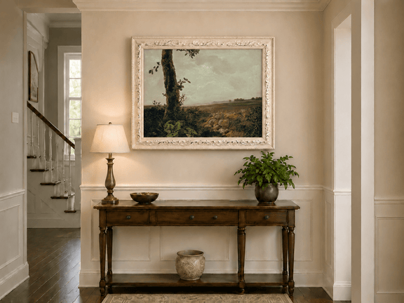 Countryside tree and rolling hills hand-painted oil artwork shown as home wall decor.