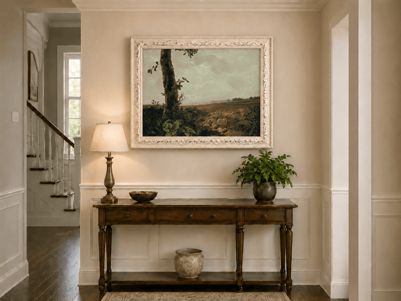 Countryside tree and rolling hills hand-painted oil artwork shown as home wall decor.