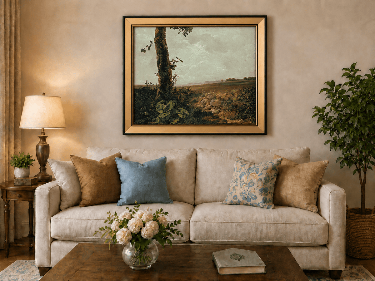 Countryside scene with tree and rolling hills landscape oil painting displayed in a styled home interior.