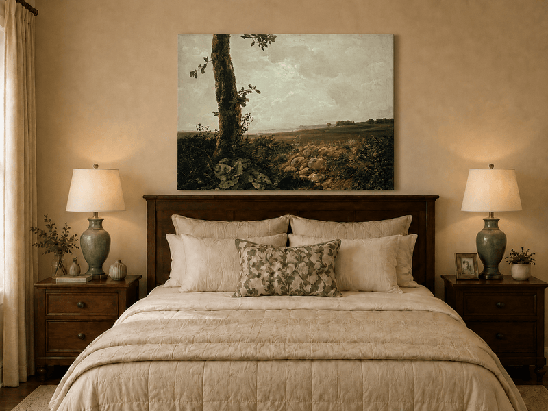 Countryside rolling hills oil painting displayed as landscape wall decor.