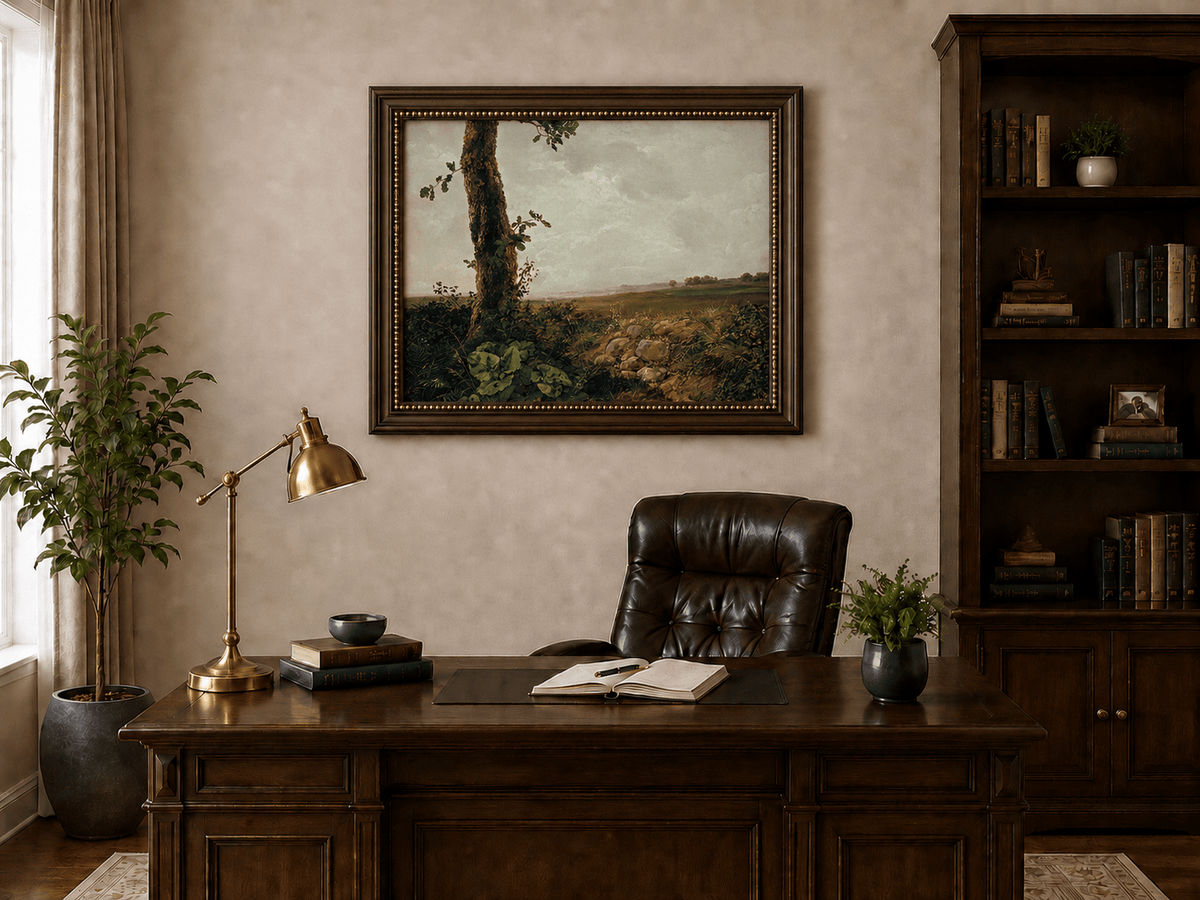 Rolling countryside hills and tree landscape oil painting presented in an interior wall art mockup.