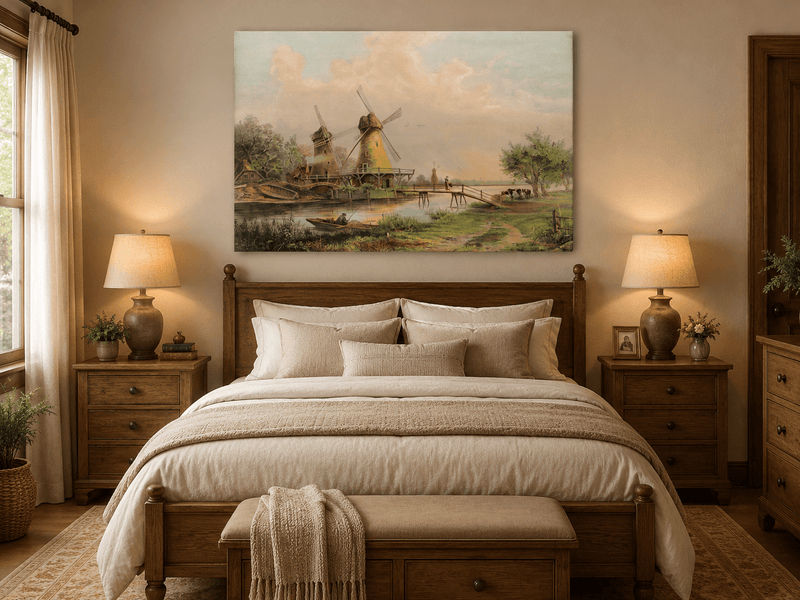 Landscape Oil Painting - Countryside Windmills by the River