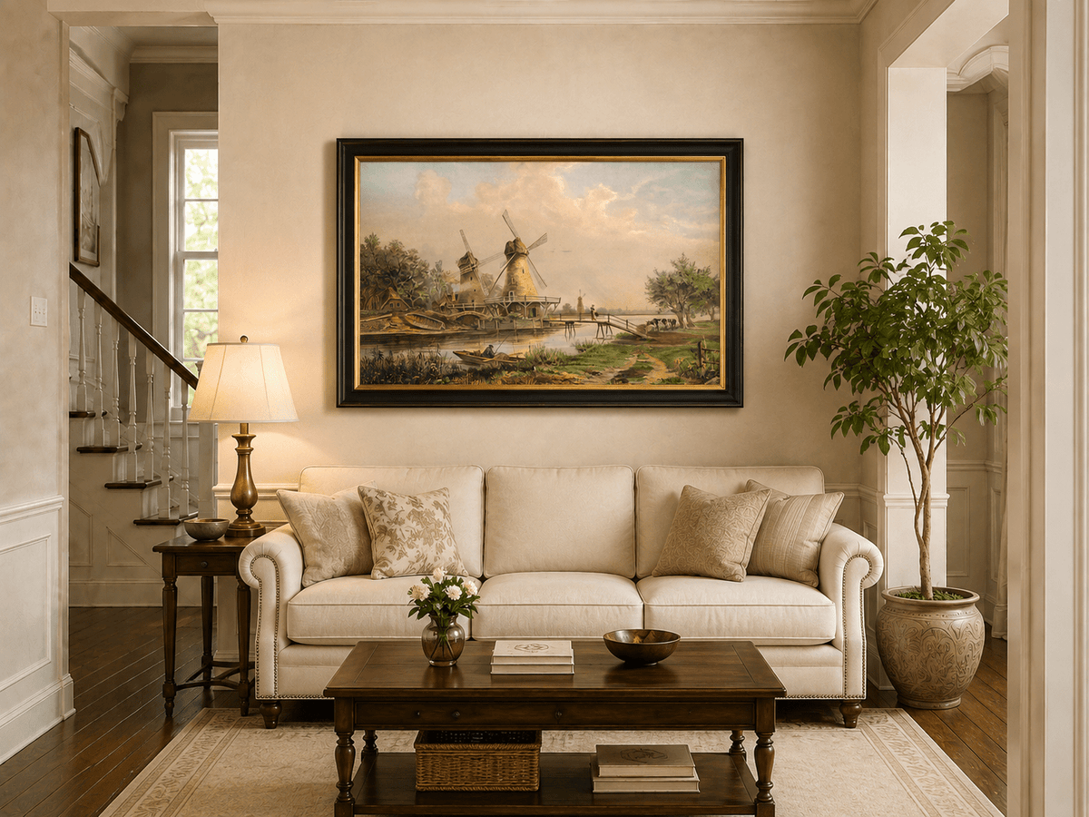 Landscape Oil Painting - Countryside Windmills by the River