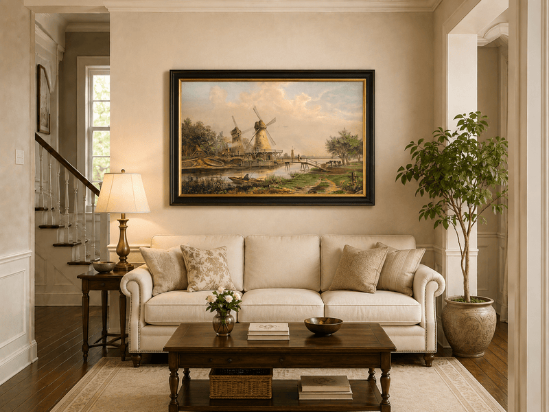 Landscape Oil Painting - Countryside Windmills by the River