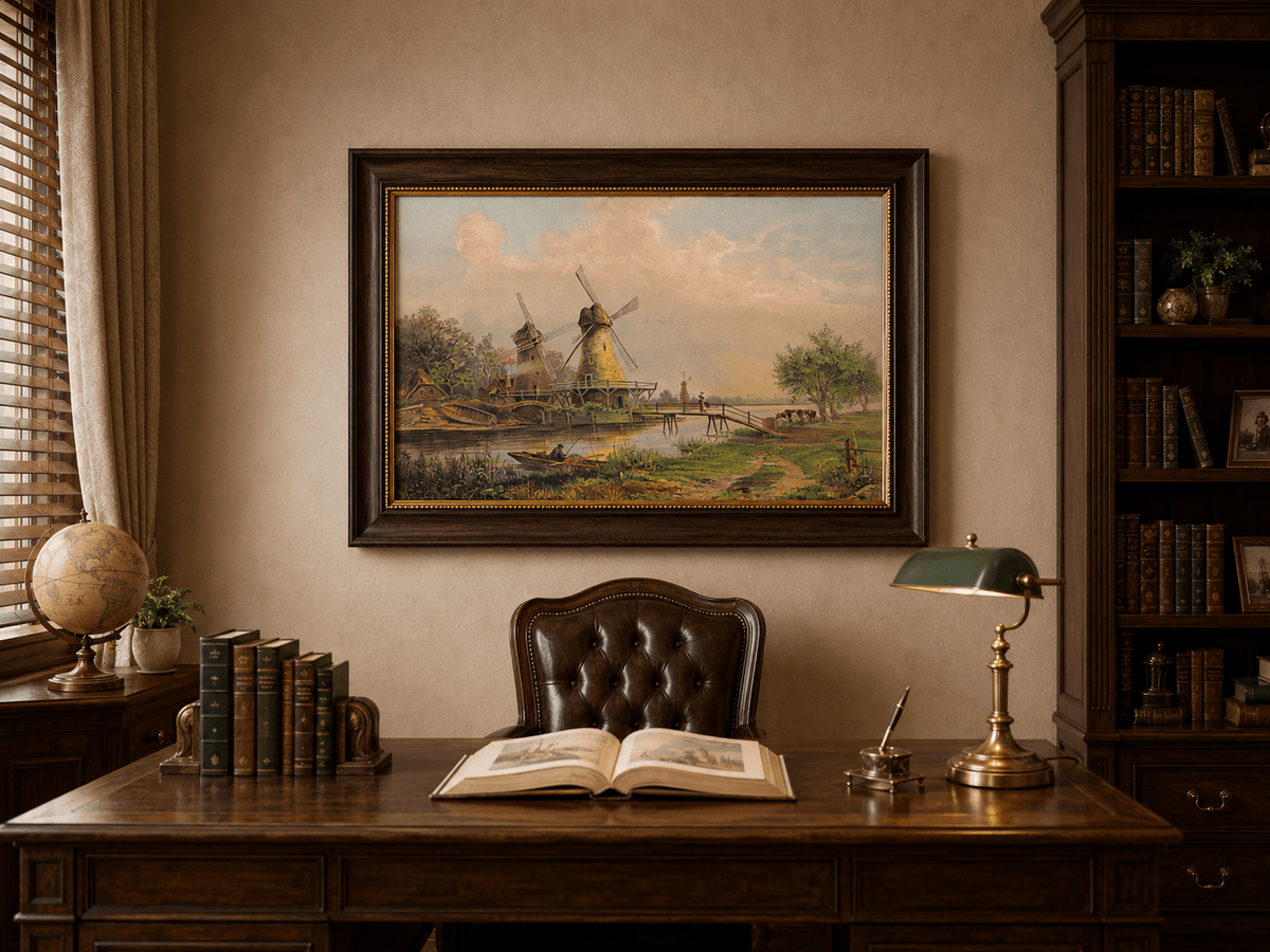 Landscape Oil Painting - Countryside Windmills by the River