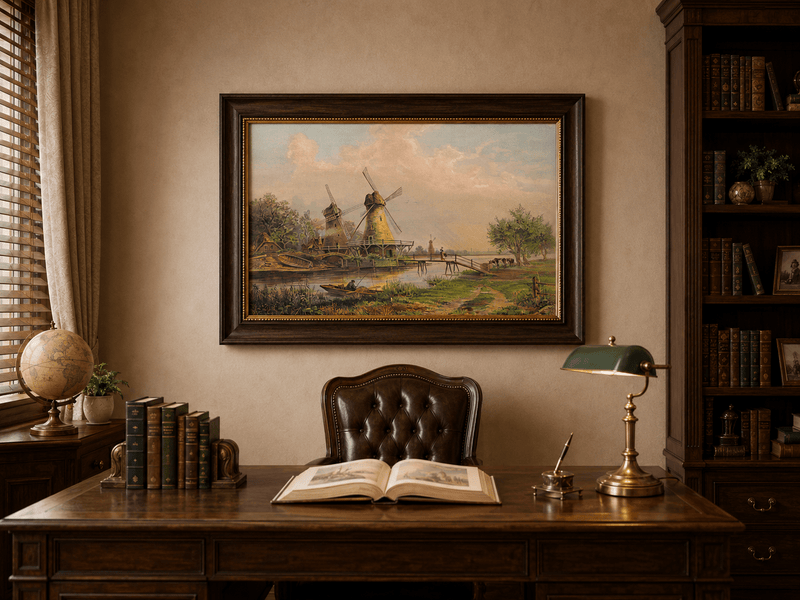 Landscape Oil Painting - Countryside Windmills by the River
