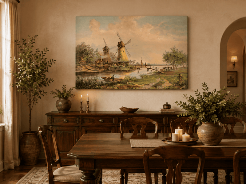 Landscape Oil Painting - Countryside Windmills by the River