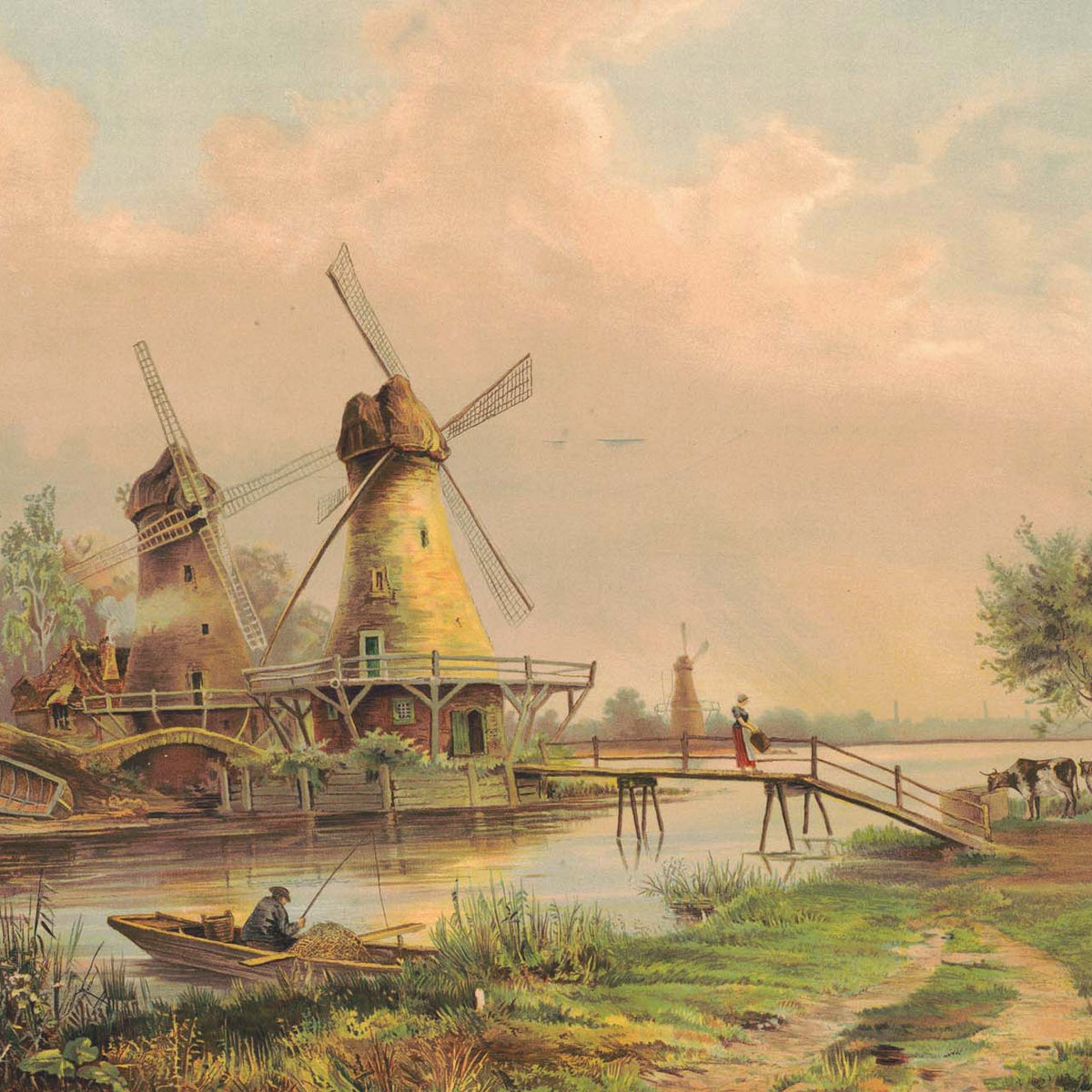 Landscape Oil Painting - Countryside Windmills by the River