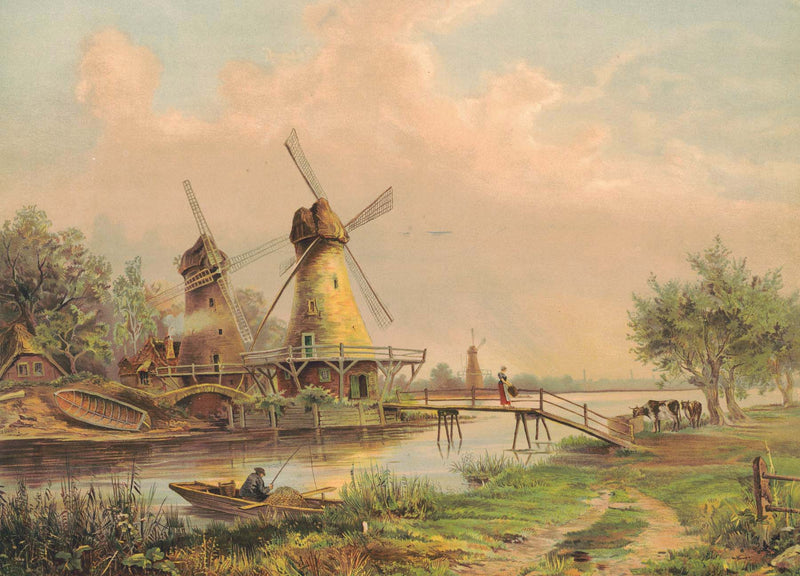 Landscape Oil Painting - Countryside Windmills by the River