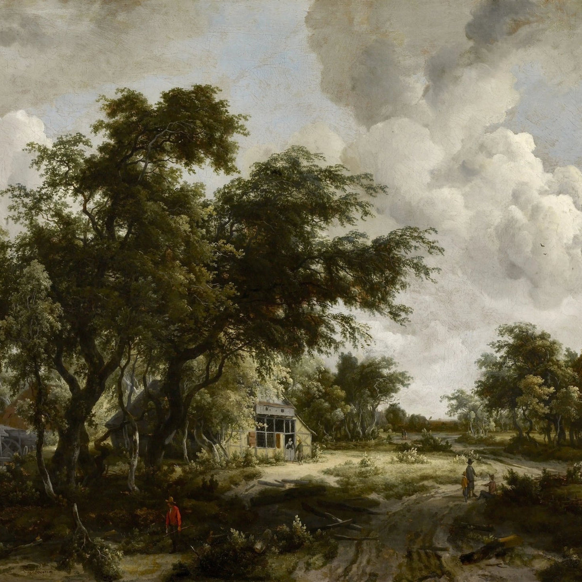 Landscape Oil Painting - Countryside with Trees, Cottage & Figures - Oil Painting Haven