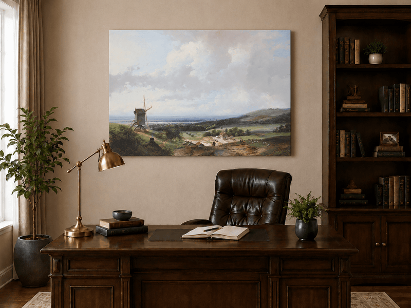 Landschaftsgemälde in Öl – Landschaft mit Windmühle und Figuren