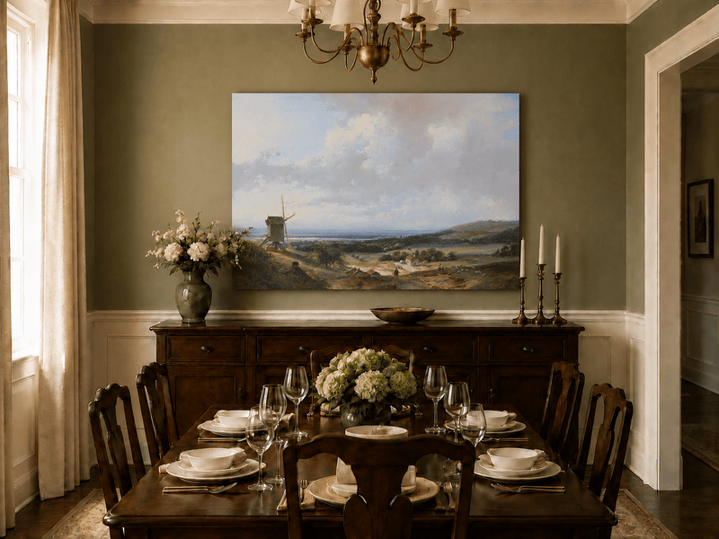 Landschaftsgemälde in Öl – Landschaft mit Windmühle und Figuren