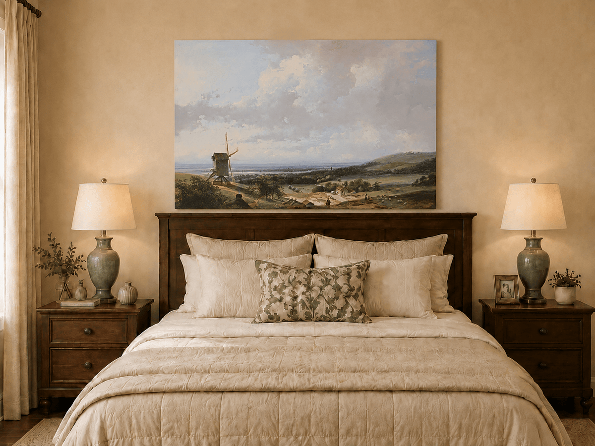 Landschaftsgemälde in Öl – Landschaft mit Windmühle und Figuren