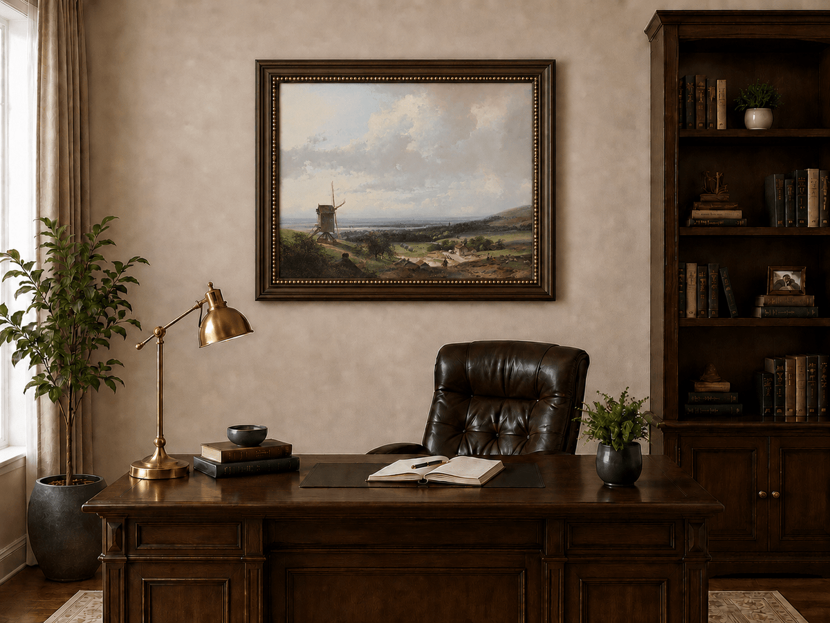 Landschaftsgemälde in Öl – Landschaft mit Windmühle und Figuren