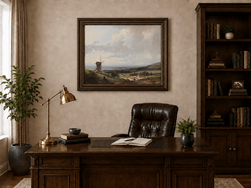 Landschaftsgemälde in Öl – Landschaft mit Windmühle und Figuren