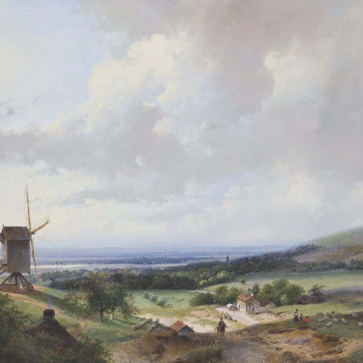 Landscape Oil Painting - Countryside with Windmill & Figures - Oil Painting Haven