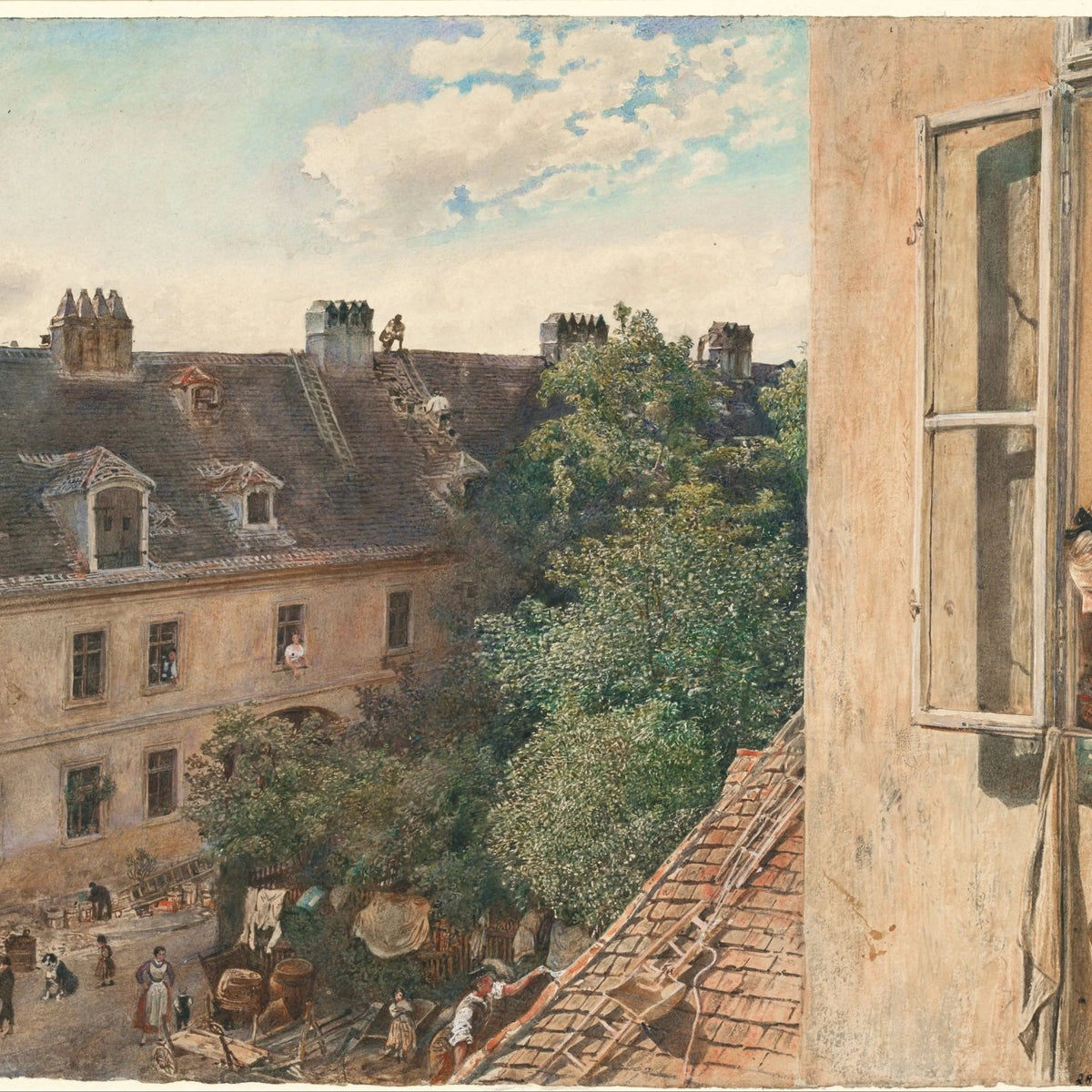 Landscape Oil Painting - Courtyard View with Figures & Buildings - Oil Painting Haven