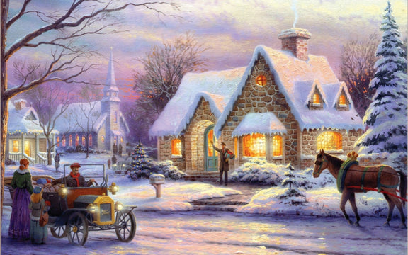 Landscape Oil Painting - Cozy Winter Festive Snowy Stone Cottage - Oil Painting Haven