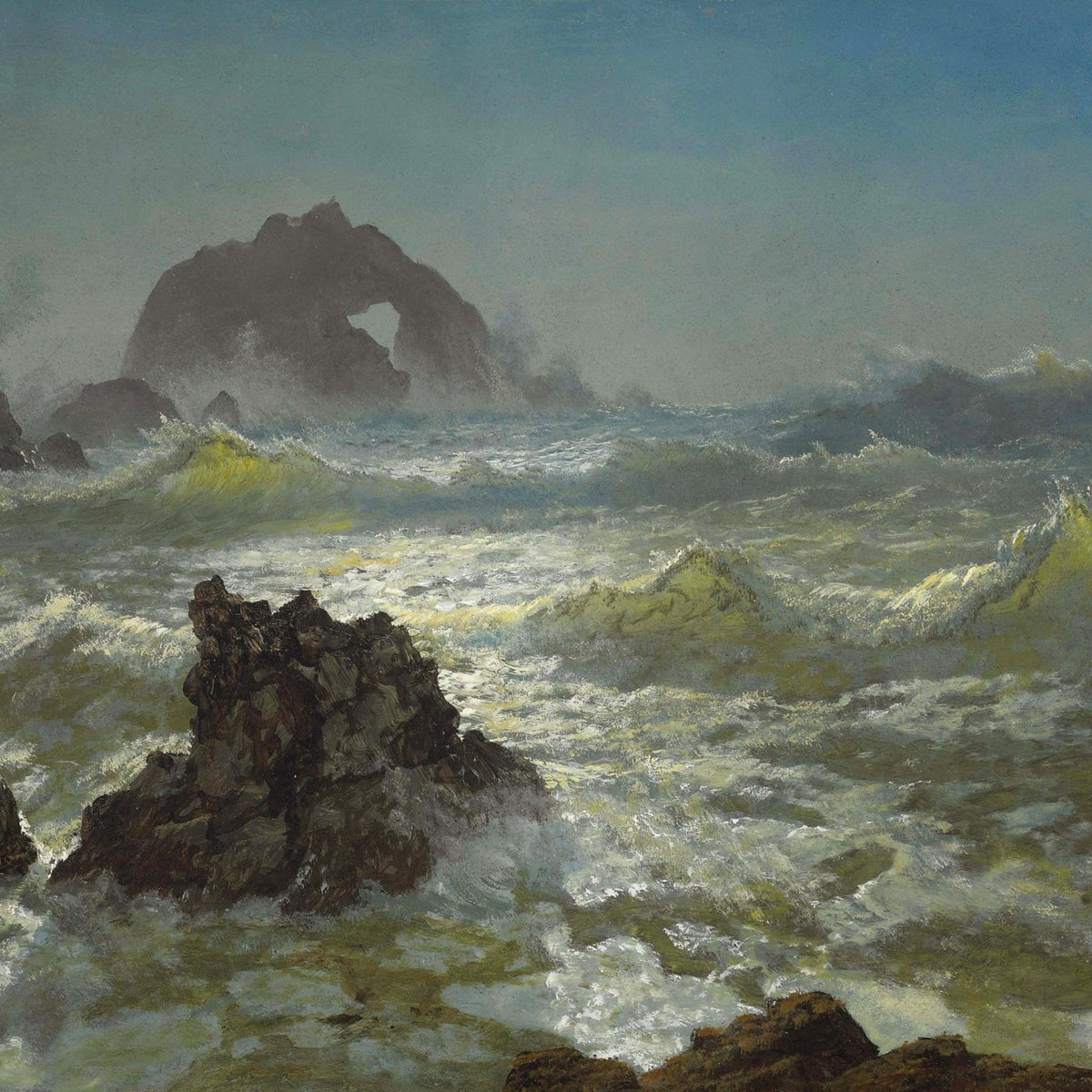Hand-painted crashing waves and rocky sea arch landscape oil painting on canvas