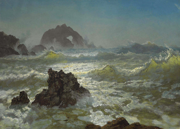 Hand-painted crashing waves and rocky sea arch landscape oil painting on canvas