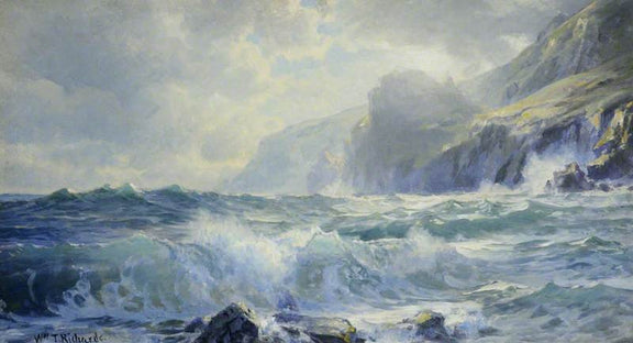 Hand-painted crashing waves on a rocky coastal shore landscape oil painting on canvas