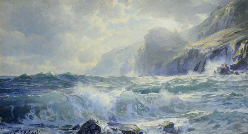 Hand-painted crashing waves on a rocky coastal shore landscape oil painting on canvas