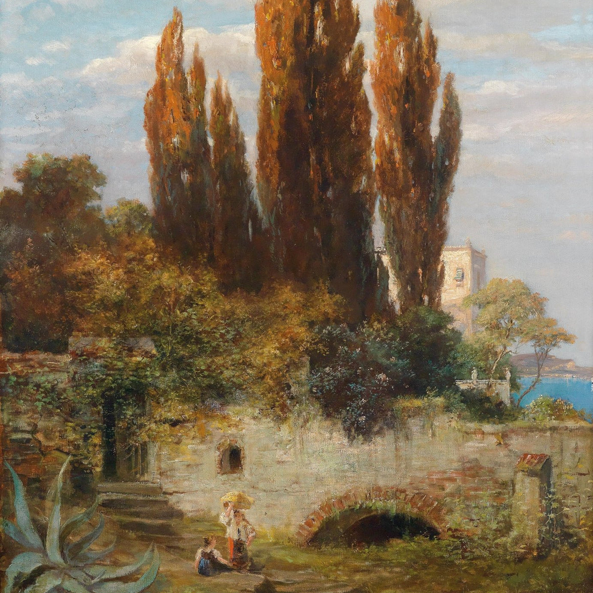 Hand-painted cypress garden with stone bridge landscape oil painting on canvas
