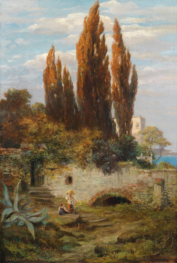 Hand-painted cypress garden with stone bridge landscape oil painting on canvas