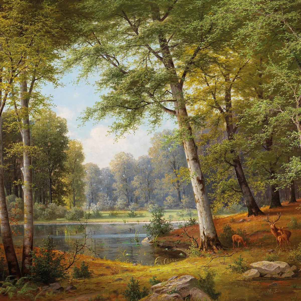 Landscape Oil Painting - Deer at a Peaceful Forest Pond in Autumn
