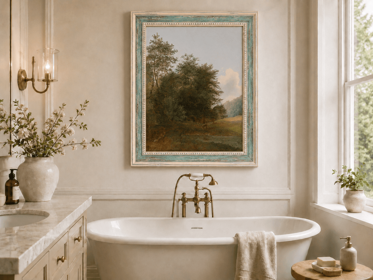 Hand-painted deer by a quiet forest pond landscape oil painting displayed in a bathroom interior above a bathtub.