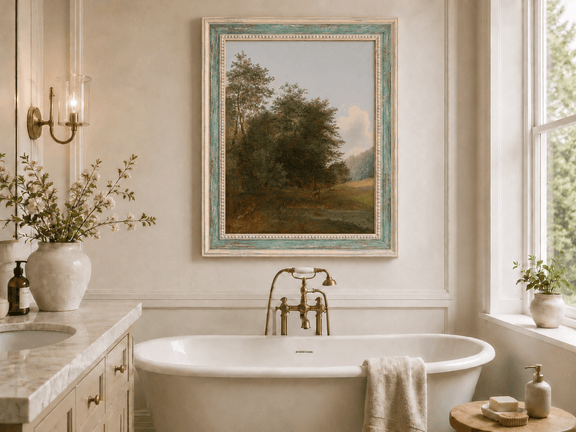 Hand-painted deer by a quiet forest pond landscape oil painting displayed in a bathroom interior above a bathtub.