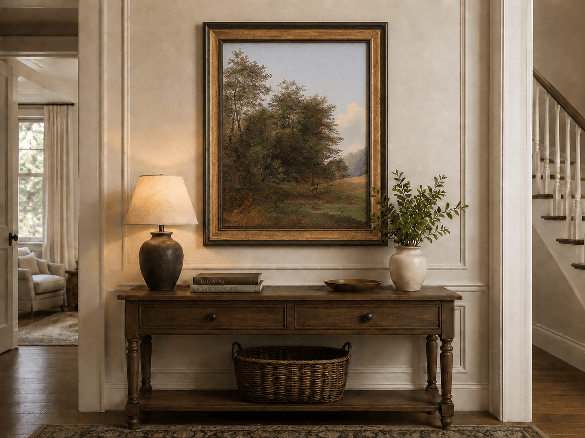 Hand-painted deer by a quiet forest pond landscape oil painting displayed above a console table in a hallway interior.