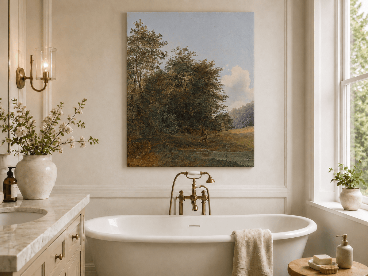 Hand-painted deer by a quiet forest pond landscape oil painting displayed in a bathroom interior above a bathtub.