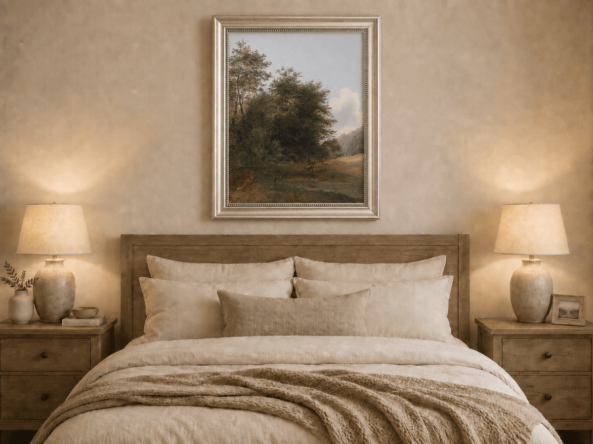 Hand-painted deer by a quiet forest pond landscape oil painting displayed above a bed in a bedroom interior.