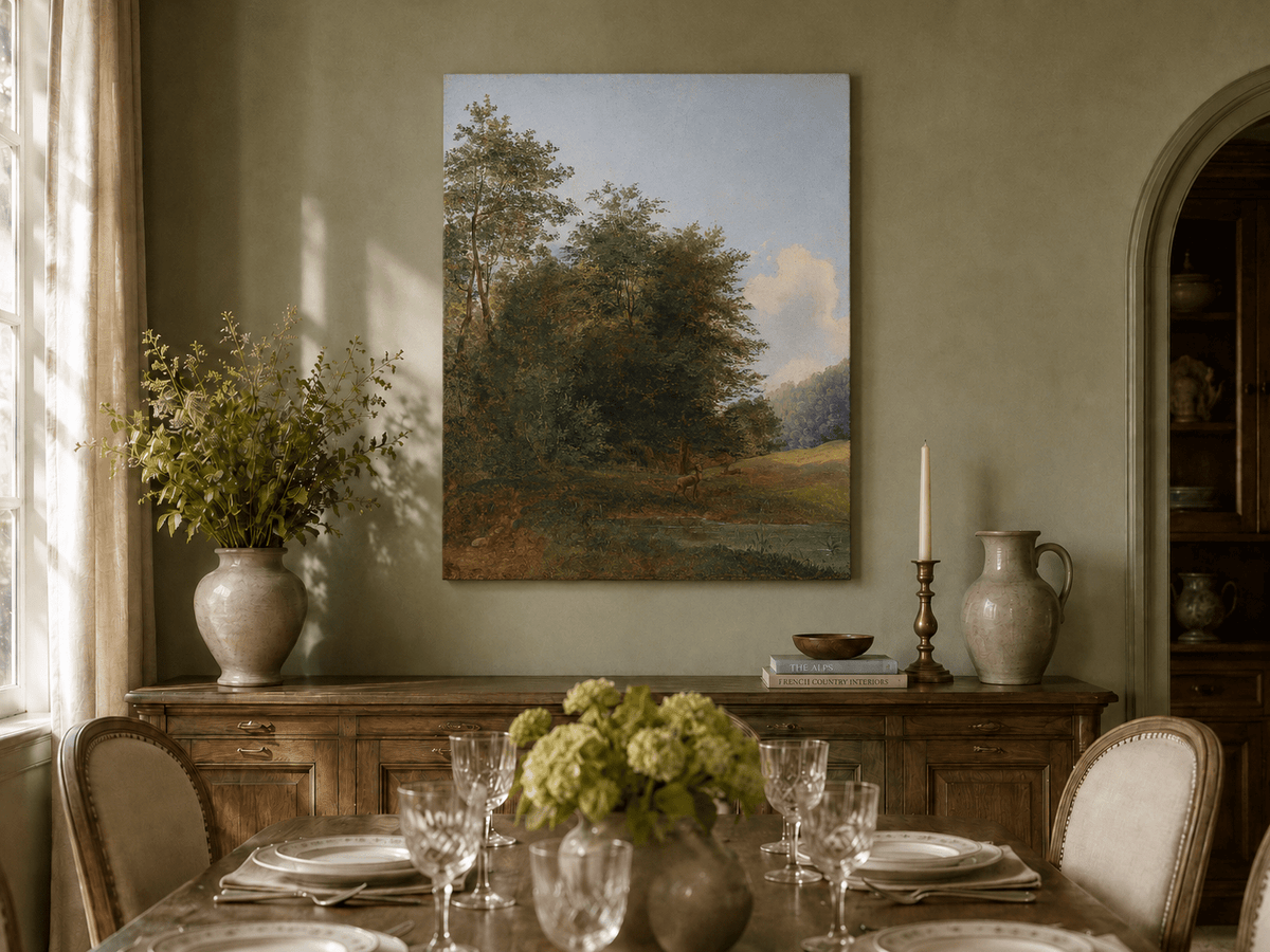 Hand-painted deer by a quiet forest pond landscape oil painting displayed in a dining room interior.