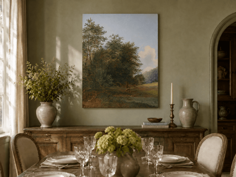 Hand-painted deer by a quiet forest pond landscape oil painting displayed in a dining room interior.