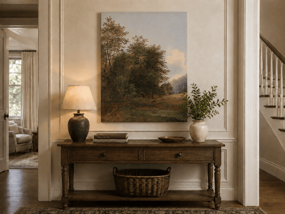 Hand-painted deer by a quiet forest pond landscape oil painting displayed above a console table in a hallway interior.