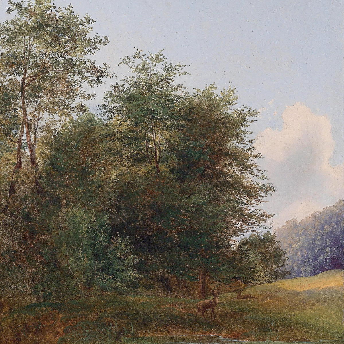 Hand-painted deer by a quiet forest pond landscape oil painting on canvas