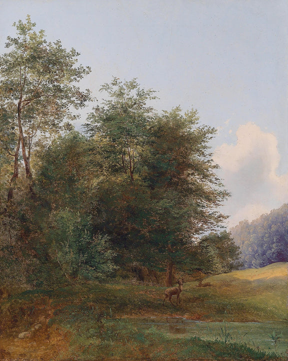 Hand-painted deer by a quiet forest pond landscape oil painting on canvas