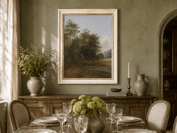 Hand-painted deer by a quiet forest pond landscape oil painting displayed in a dining room interior.