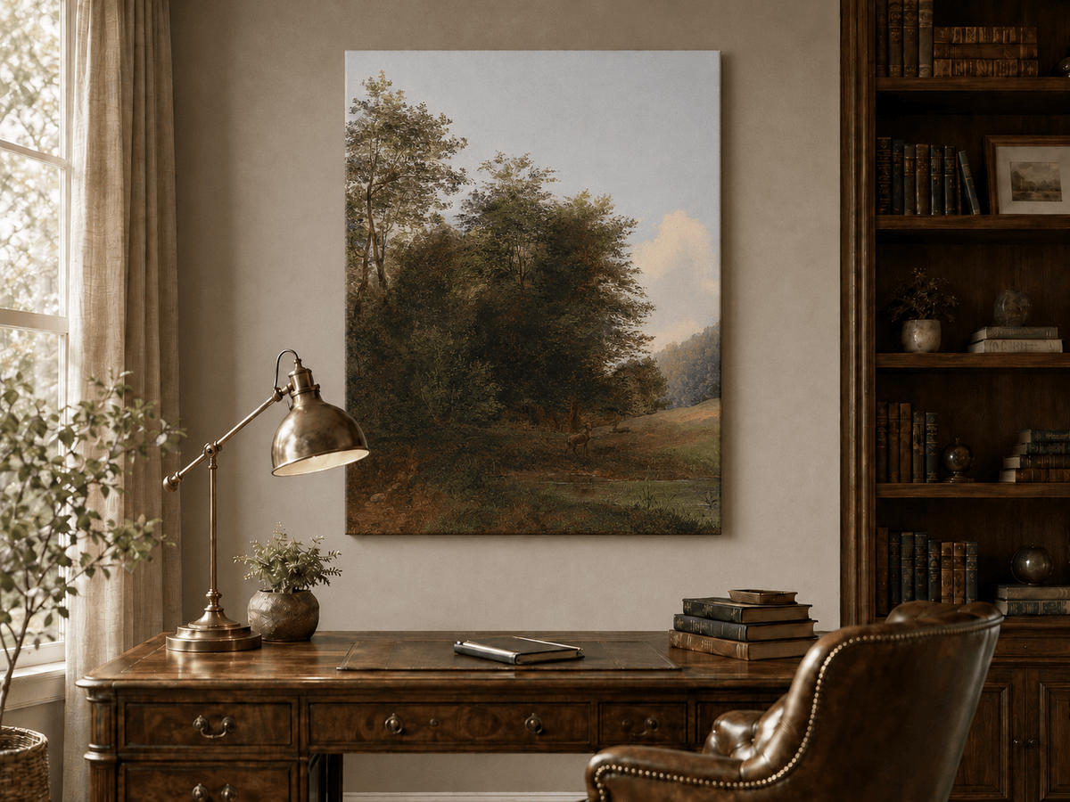Hand-painted deer by a quiet forest pond landscape oil painting displayed above a desk in a home office interior.