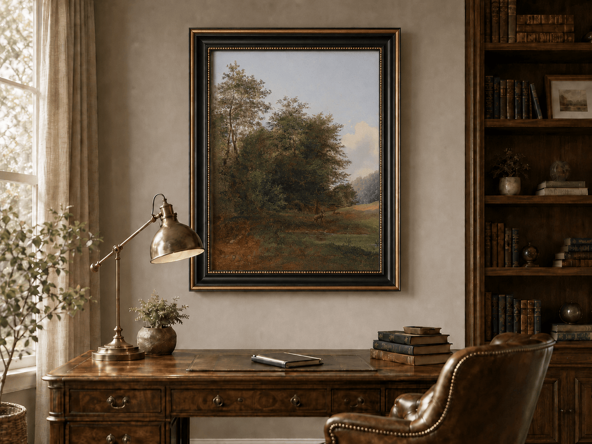 Hand-painted deer by a quiet forest pond landscape oil painting displayed above a desk in a home office interior.